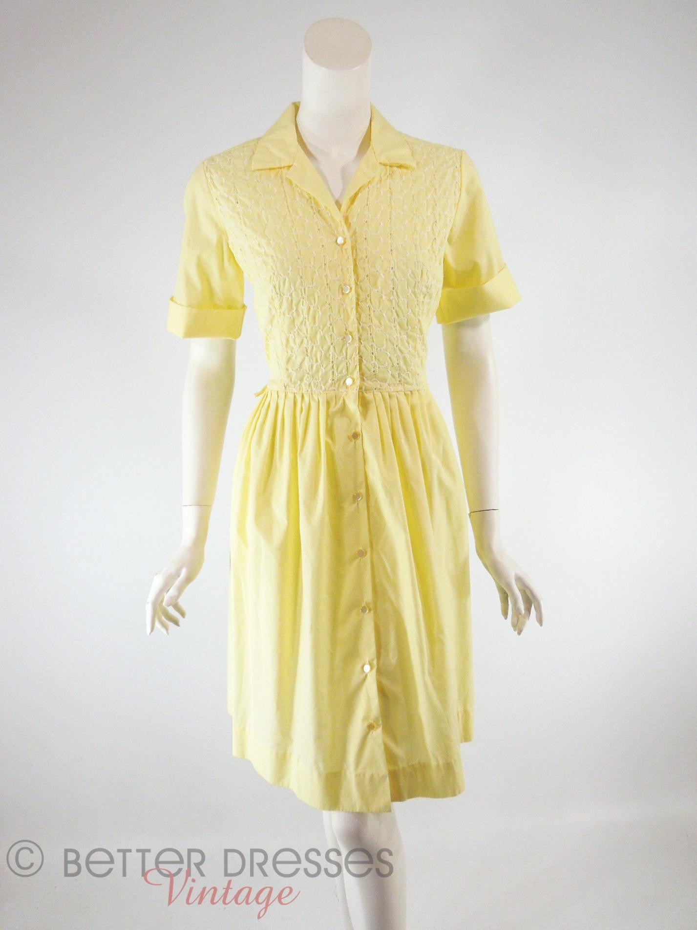 Vintage 1960s Yellow Shirtwaist Dress With White Eyelet Embroidery - sm ...