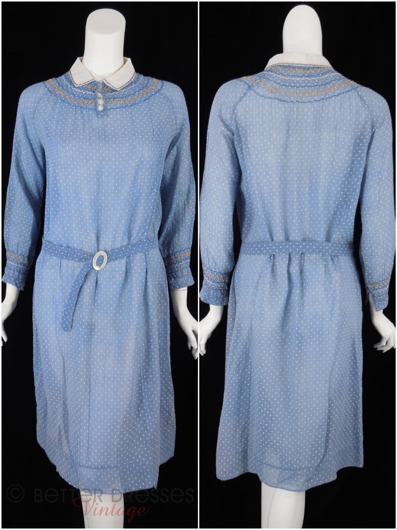 20s Long Sleeve Day Dress in Blue Swiss Dot – Better Dresses Vintage