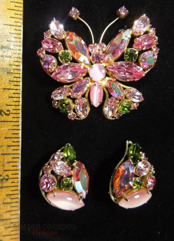 Vintage Regency Brooch and Earrings Pink AB Figural Demi Parure ...