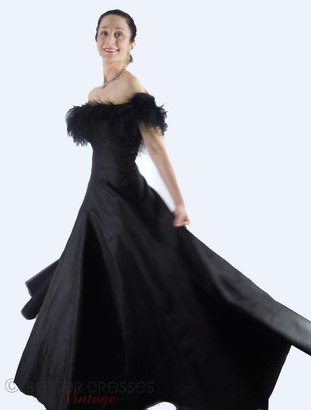 black evening gown with feathers