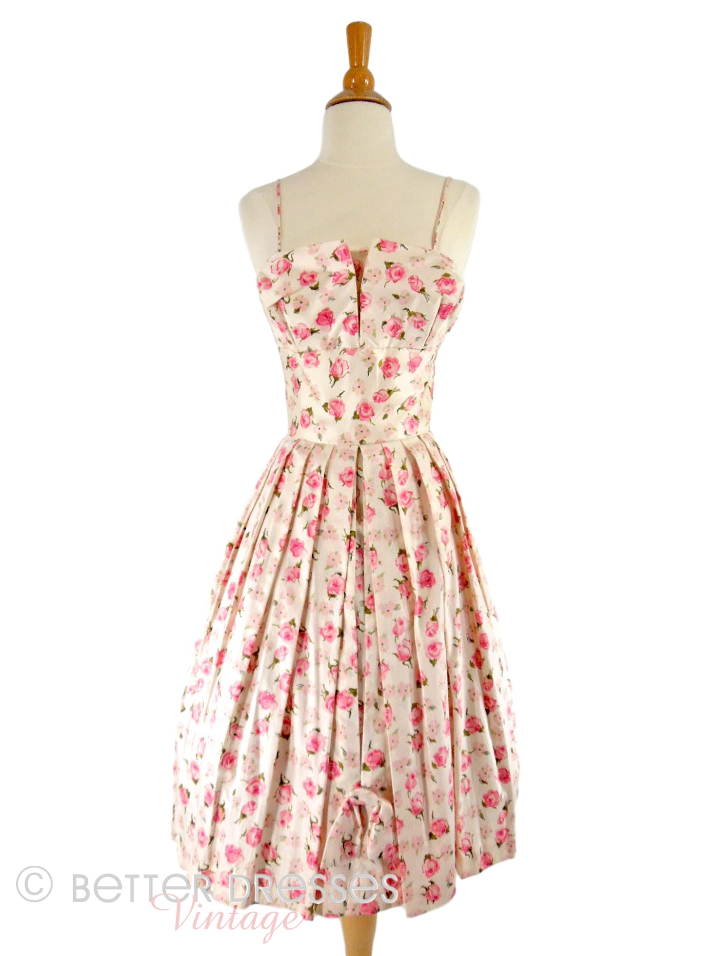 Vintage 1950s Pink Silk Floral Party Dress Nip Waist Crumb Catcher- sm ...