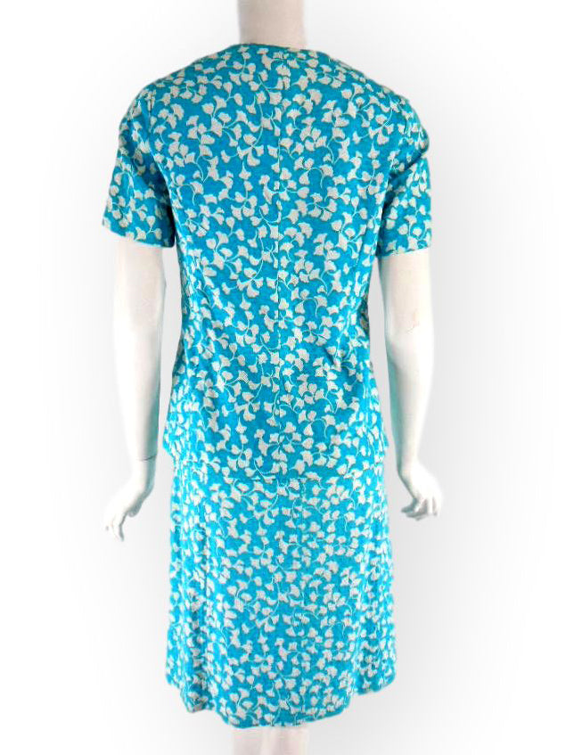 Vtg 1960s or 70s Blue and White Shift Dress & Jacket Set Leaf Print ...