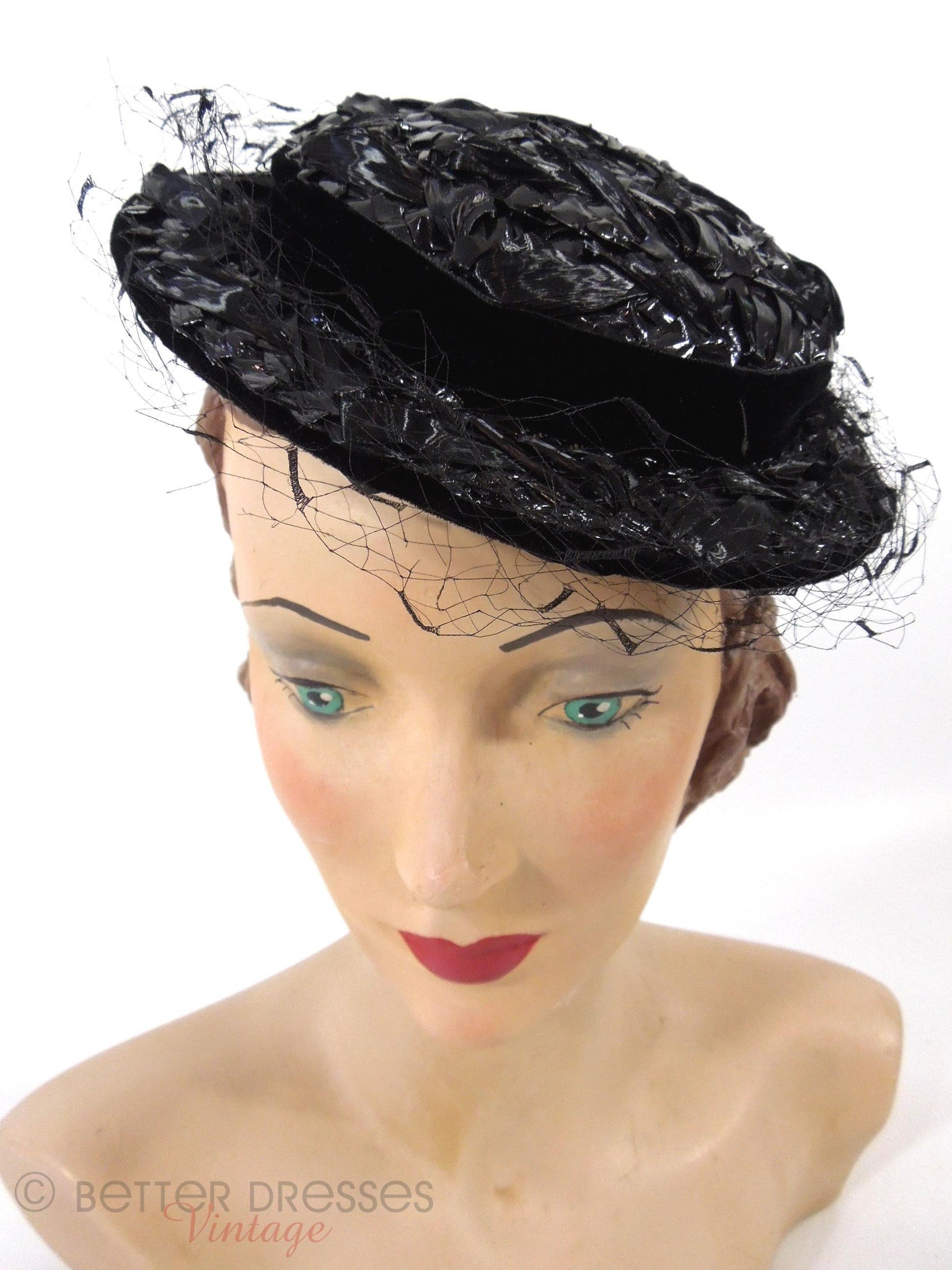 40s/50s Black Straw Mini Boater Veil Tilt Hat – Better Dresses Vintage