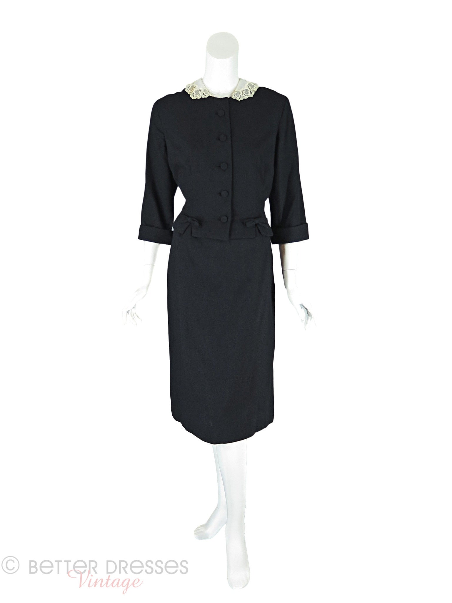 50s/60s Black Wool Skirt Suit with Lace Collar - med, lg – Better ...
