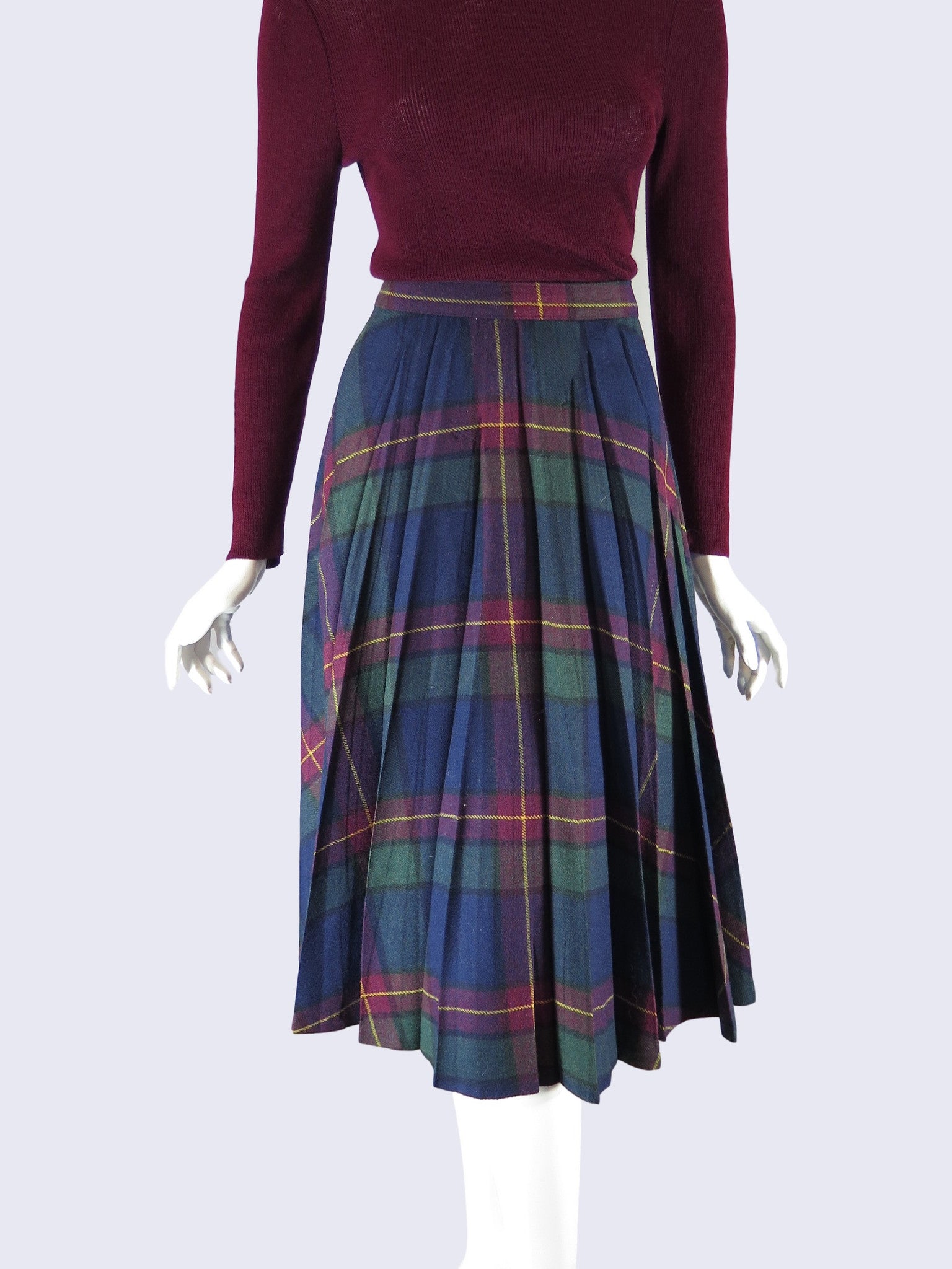 70s Plaid Wool Pleated Skirt in Green 