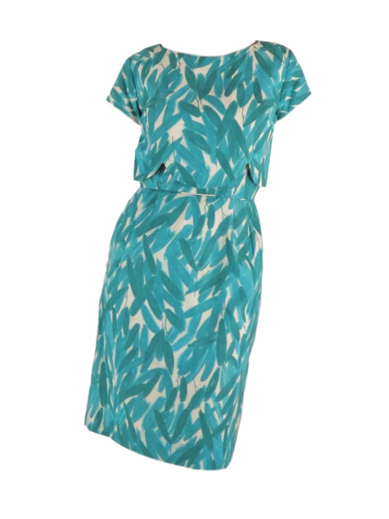 50s/60s Botanical Print Sheath Teal Wiggle Dress With Overlay - sm ...