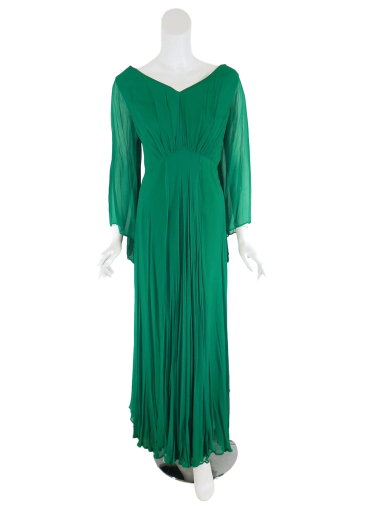 60s Green Chiffon Gown - Long Flutter Sleeve Maxi Dress - Plus, XL, Lg ...