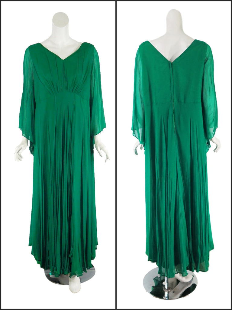 60s Green Chiffon Gown - Long Flutter Sleeve Maxi Dress - Plus, XL, Lg ...