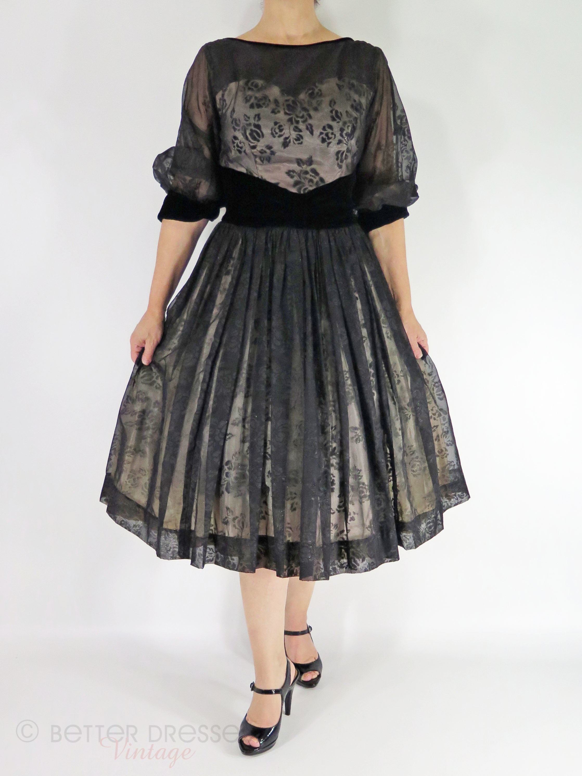 50s Party Dress in Flocked Organza and Velvet - sm – Better Dresses Vintage