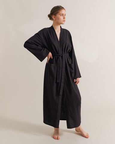 black long robe in raw silk