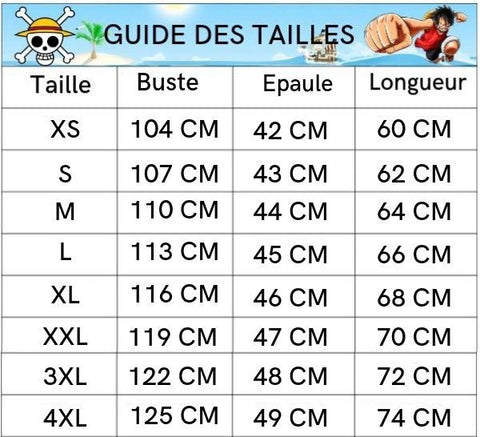 Tableau guide des tailles veste Boutique one Piece