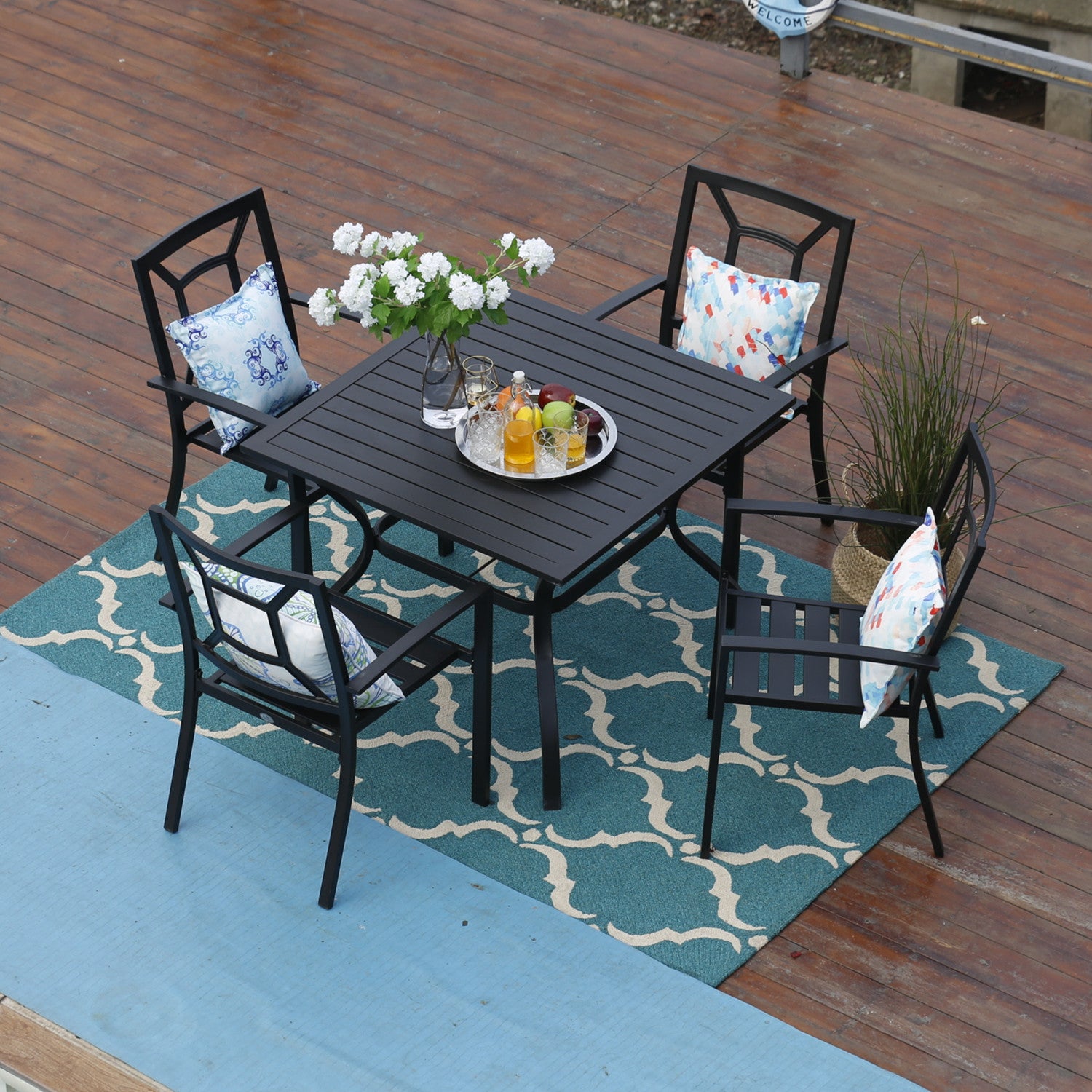 Phi Villa 5 Piece Metal Outdoor Indoor Dining Chairs And Larger Square Table Set Fancy