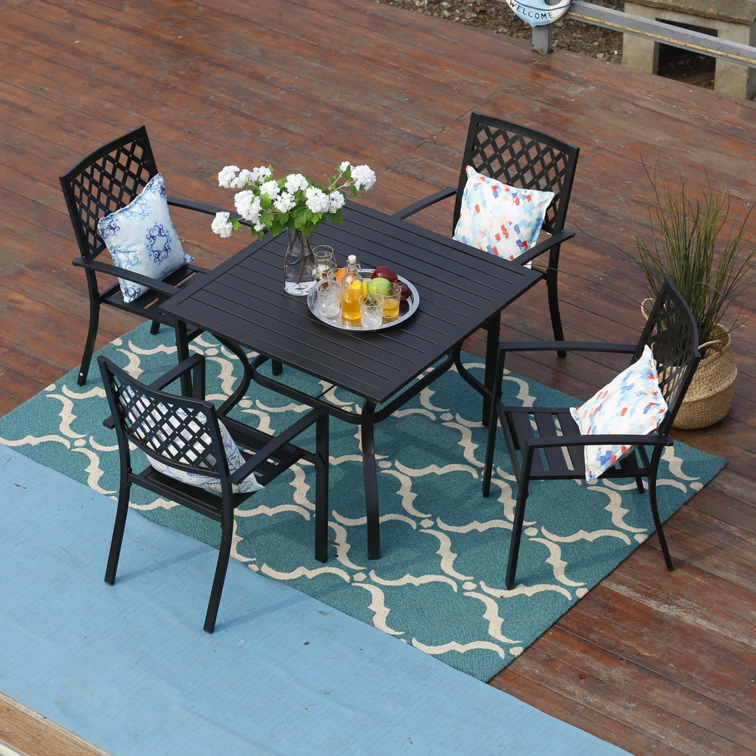 Phi Villa 5 Piece Metal Outdoor Indoor Dining Chairs And Larger Square Table Set Elegant