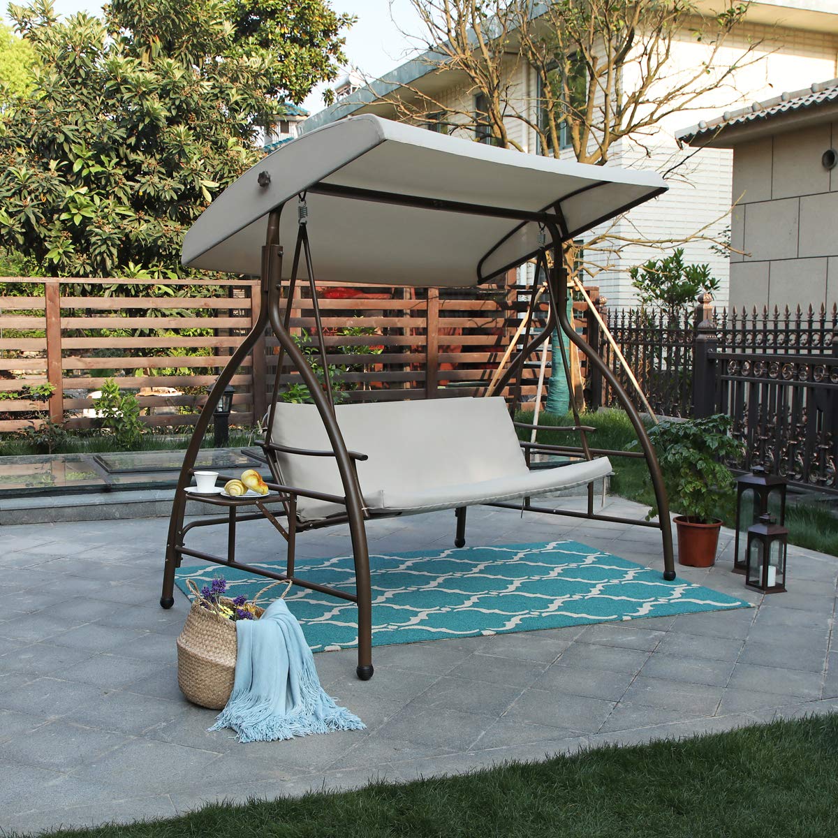 Mfstudio 3 Person Patio Swing Chair Glider With Side Table 3 Person Patio Swing Chair Glider With Side Table & Canopy
