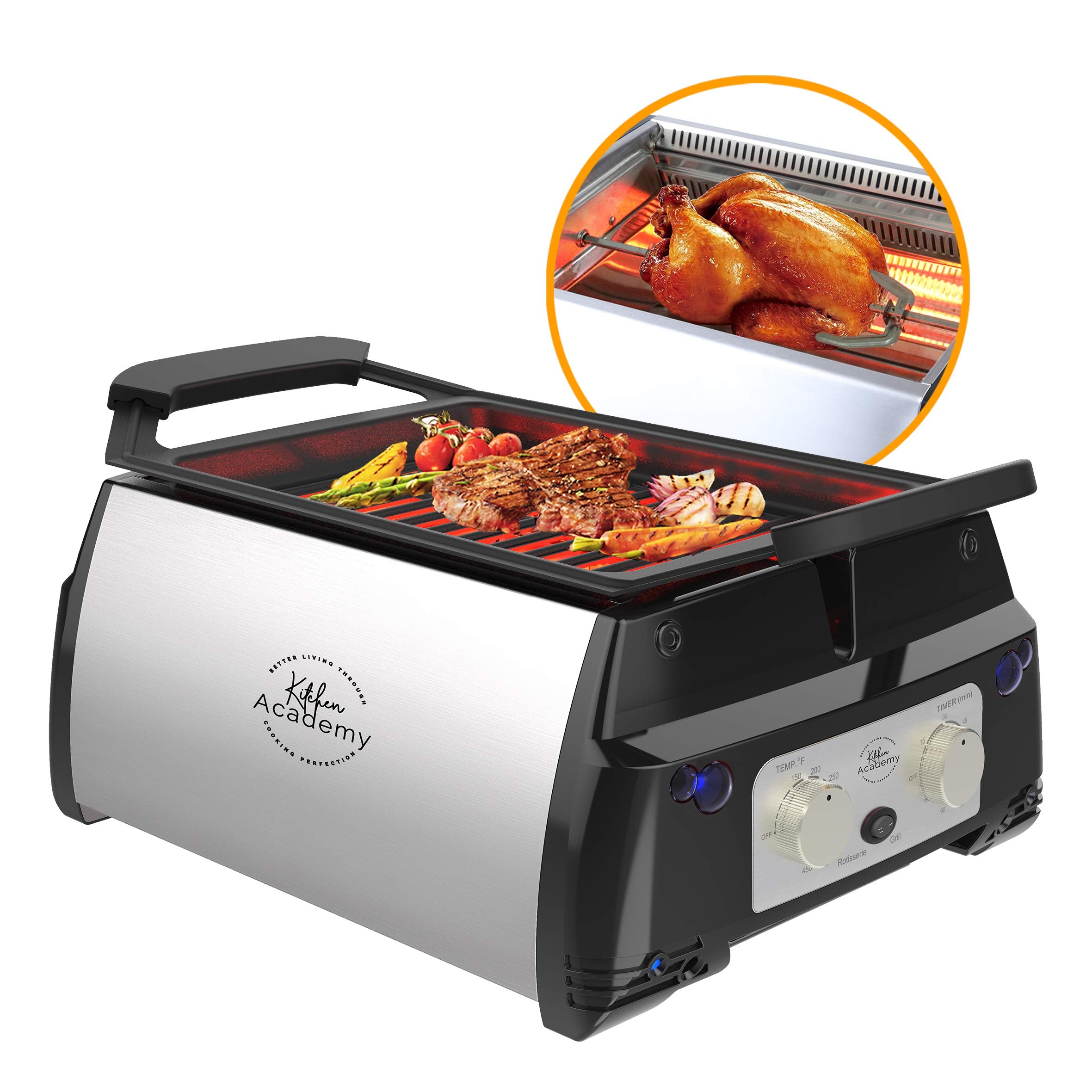 Kitchen Academy Indoor Infrared Grill, Portable Non-stick Electric Tabletop Kitchen Bbq Grill And Rotisserie