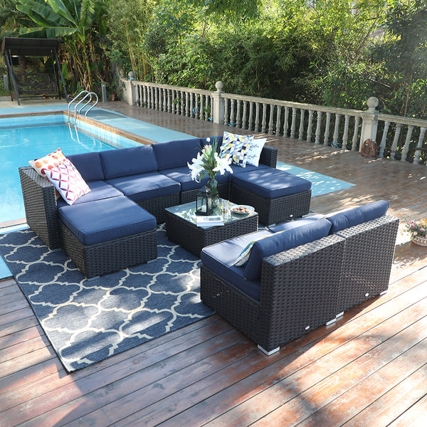 PHI VILLA 9 Piece Rattan Outdoor Sectional Sofa Set