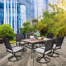 PHI VILLA 7-Piece Wood-look Table & 6 Rattan Swivel Chairs Outdoor Dining Set