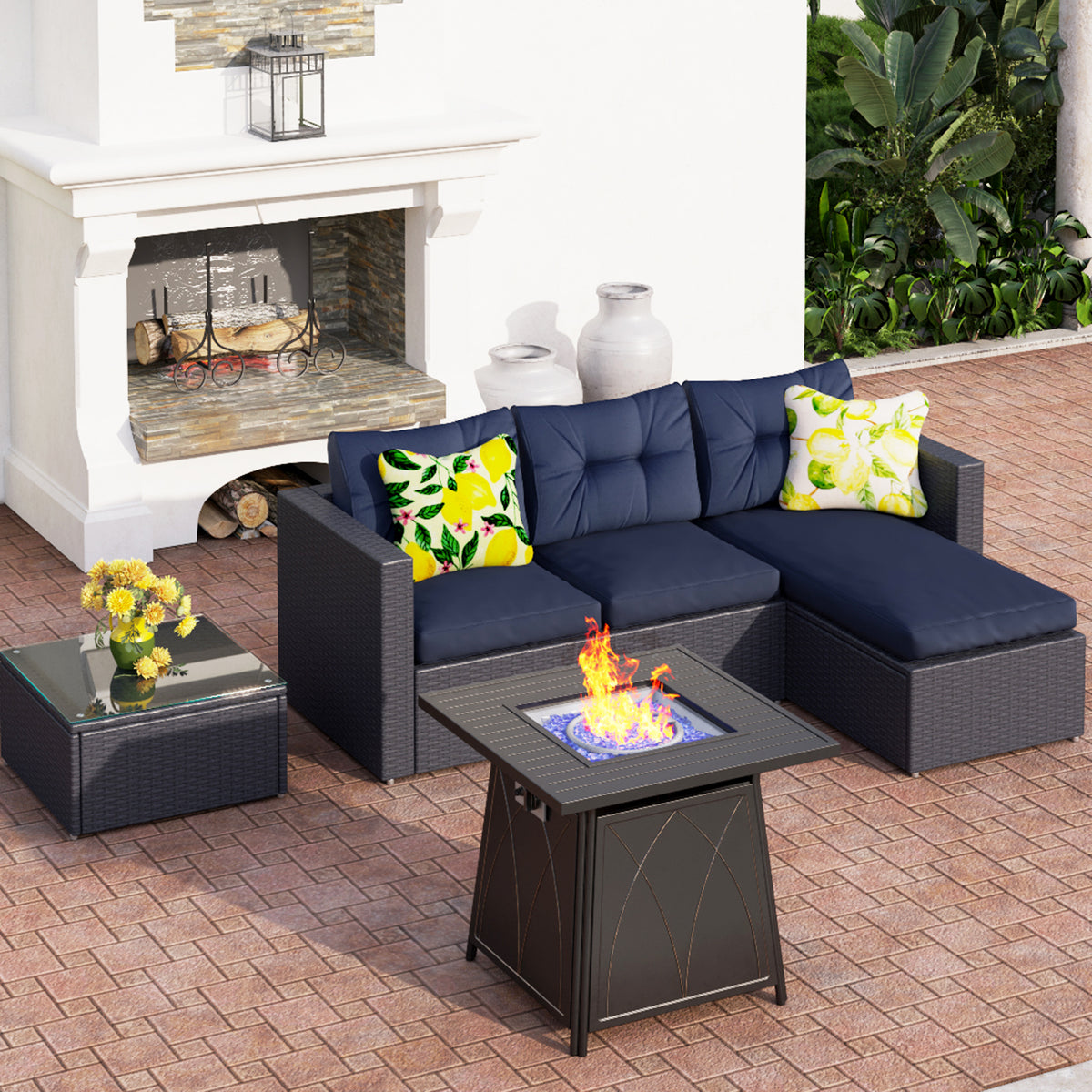 PHI VILLA 4-Piece Rattan Sofa Sectional & 28" Square Fire Pit Table