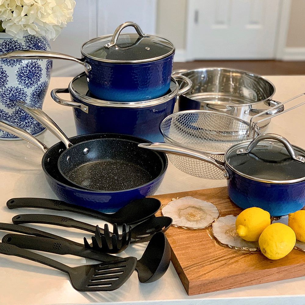 Kitchen Academy 15 Piece Nonstick Granite-coated Cookware Set Blue Gradual Granite Set