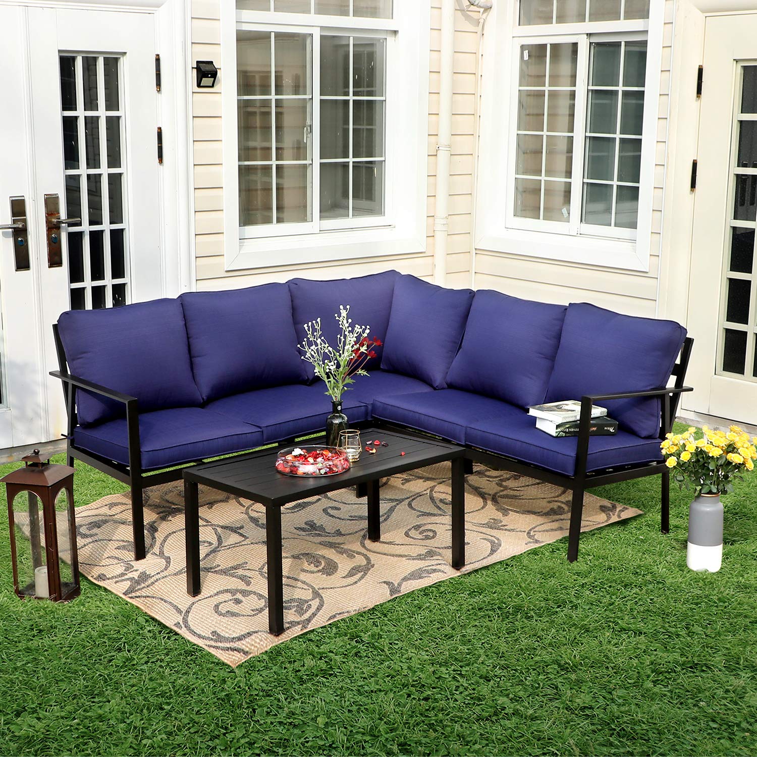 Phi Villa 5 Seater L-shaped Metal Sectional Conversation Set With Water-repellent Cushions & Coffee Table