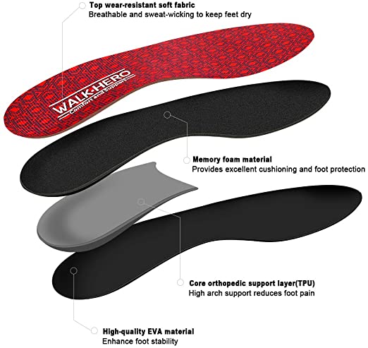 Walk-Hero | Thin and Cushioning Shoe Insoles | High Arch | Red