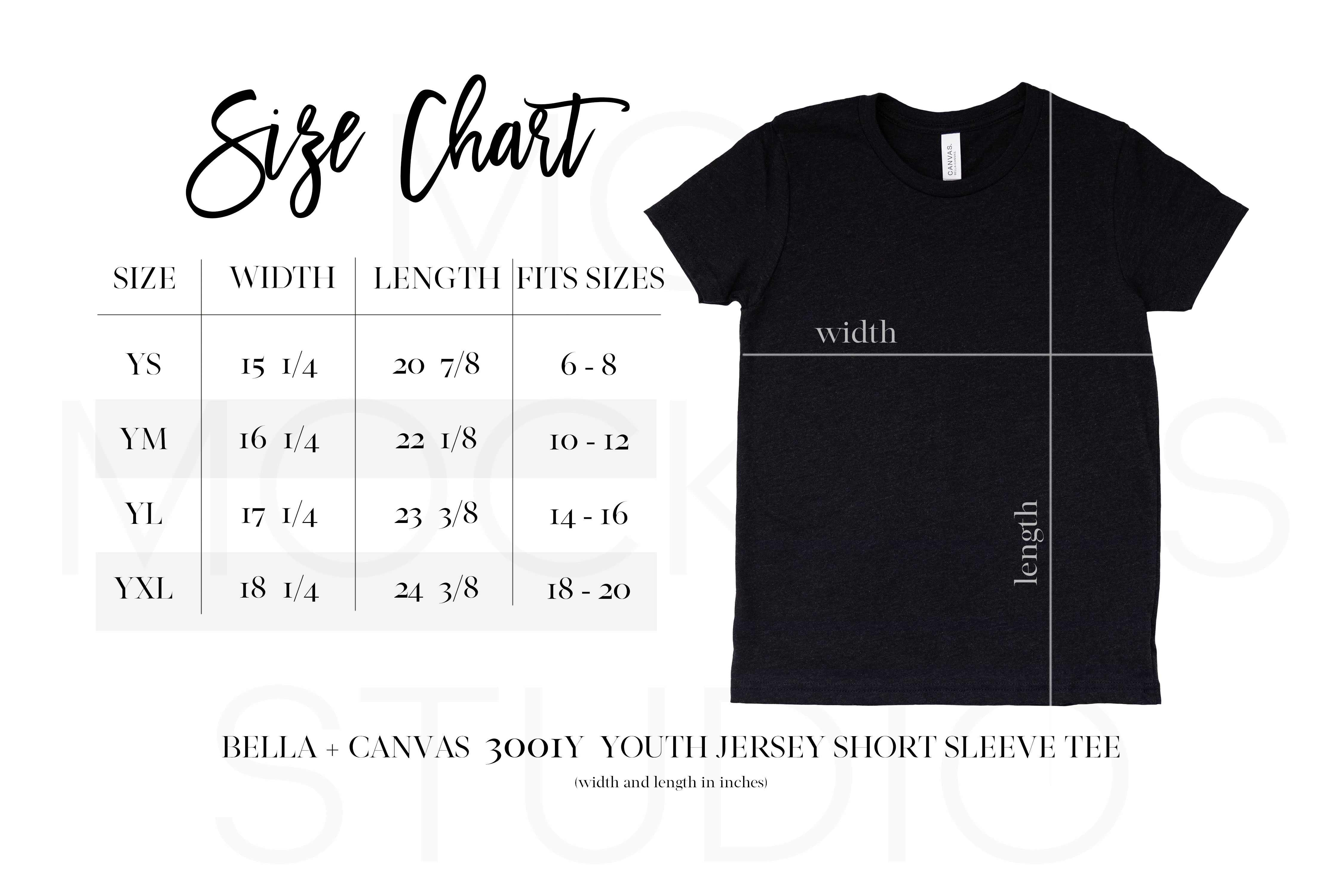 SIZE CHART | BELLA + CANVAS 3001Y YOUTH – Mod Mockups Studio