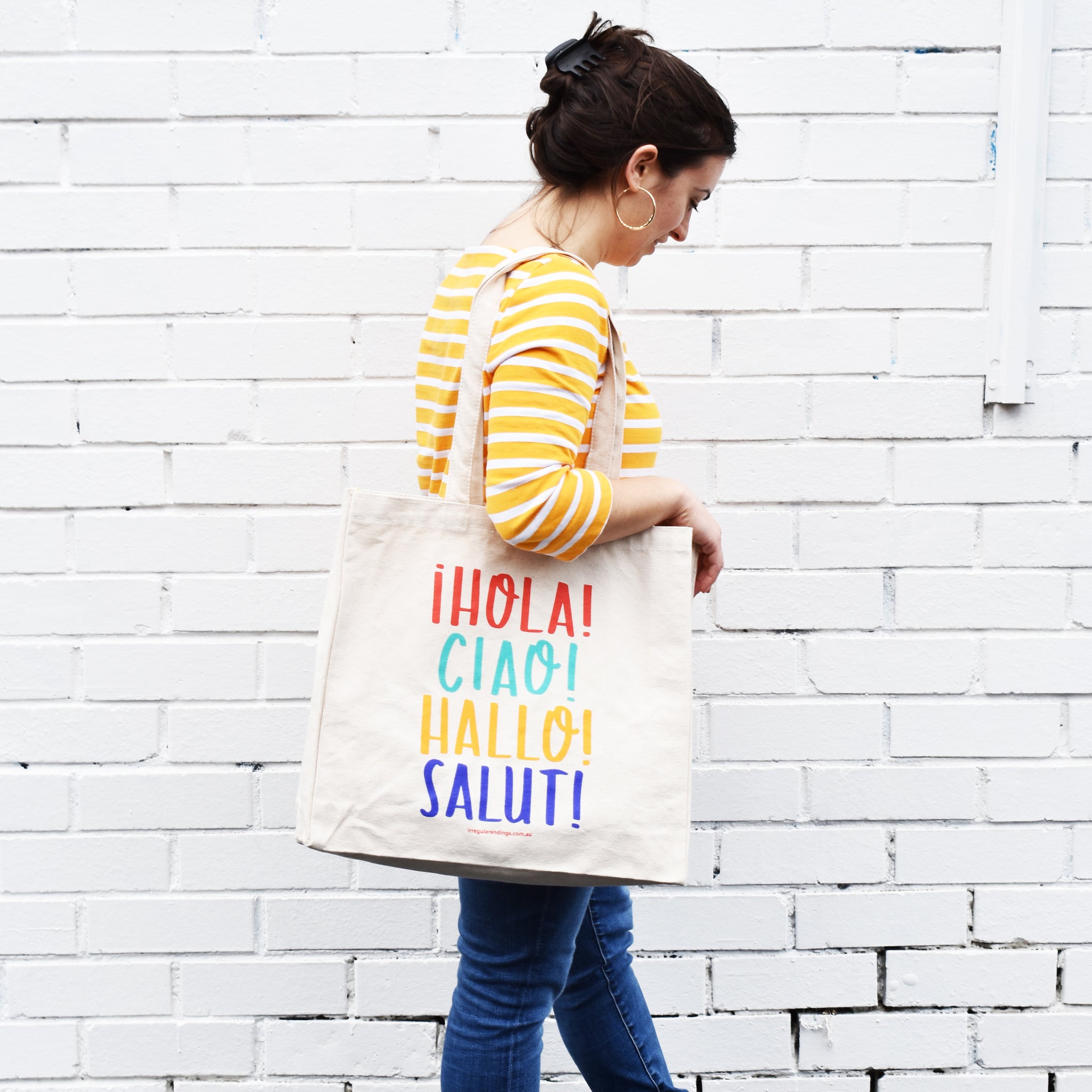 Hello Tote Bag - 100% Cotton Canvas Tote with design in Spanish, Itali – Irregular Endings