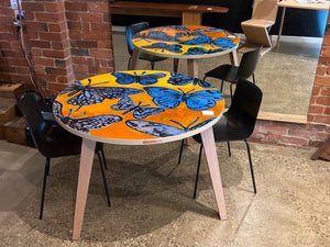 #256.  Round Breakfast Table 'Blue Butterflies w orange'