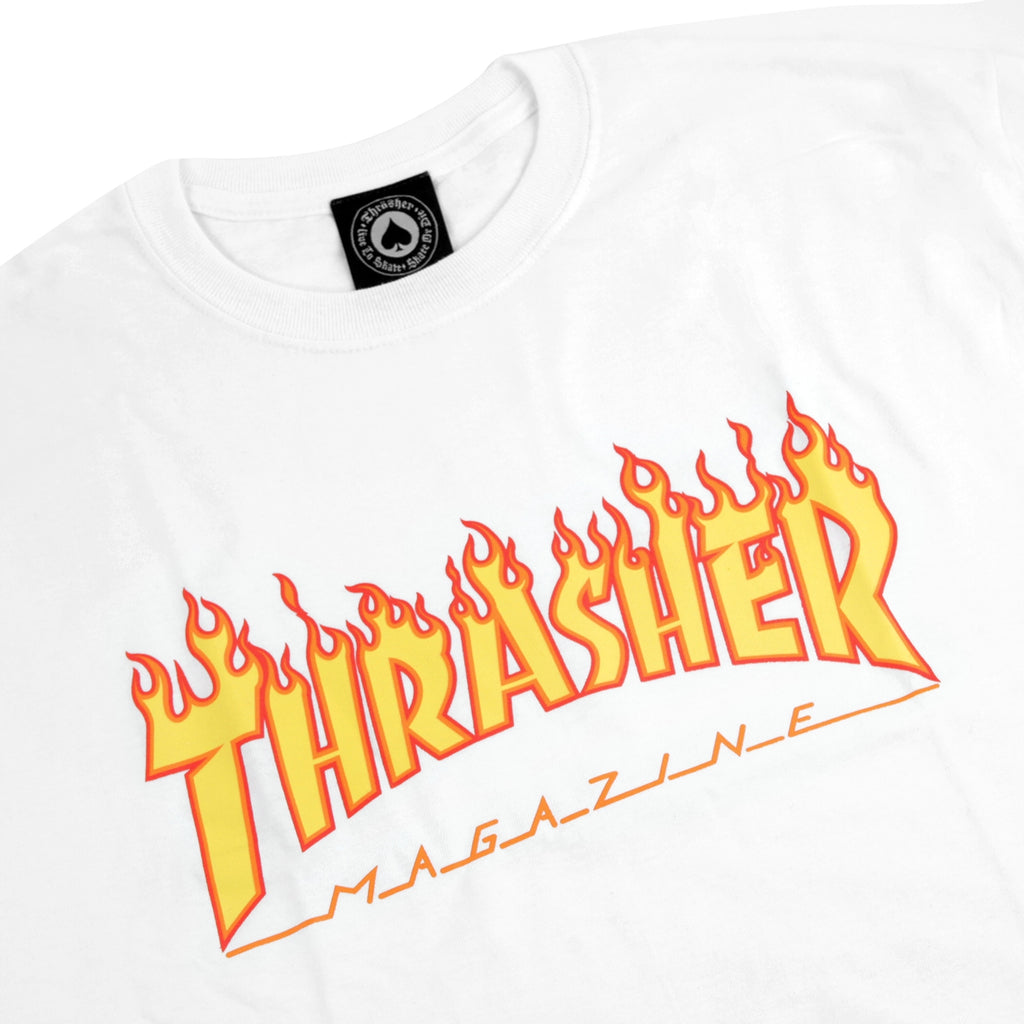 Flame Logo T Shirt in White by Thrasher Magazine | Bored of Southsea