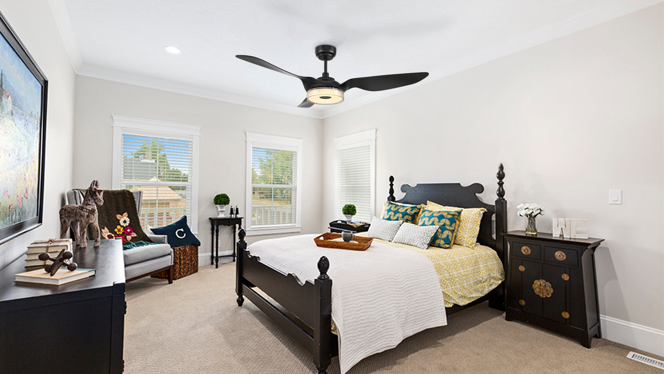 56 inch black ceiling fan with light and smart in modern bedroom