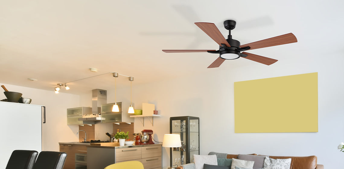 56 inch apex smart ceiling fan with LED light and remote in modern living room.