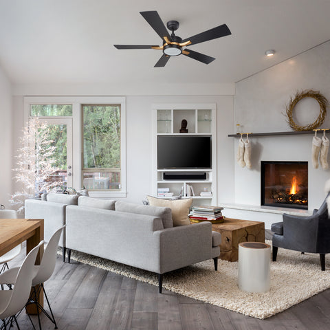 Black flush mounting ceiling fan matches with gray sofa, wood grain square coffee table, stylish fireplace, make the whole living room more modern.