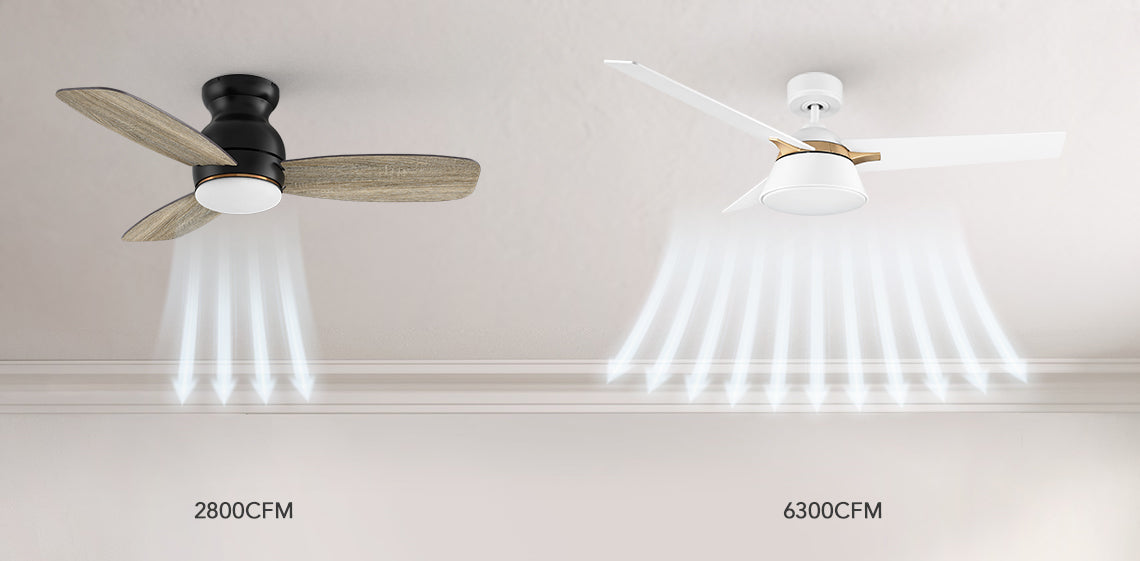 Brook flush mounting ceiling fan 2800cfm compare to Maxwell downrod mounting ceiling fan 6300cfm