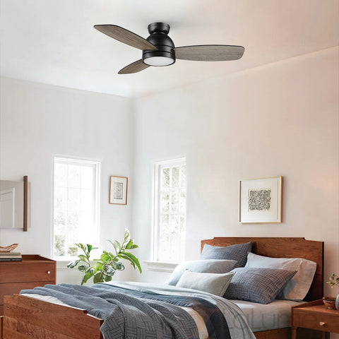Thibault 44 inch low profile ceiling fan in black with LED light and remote  in quiet bedroom