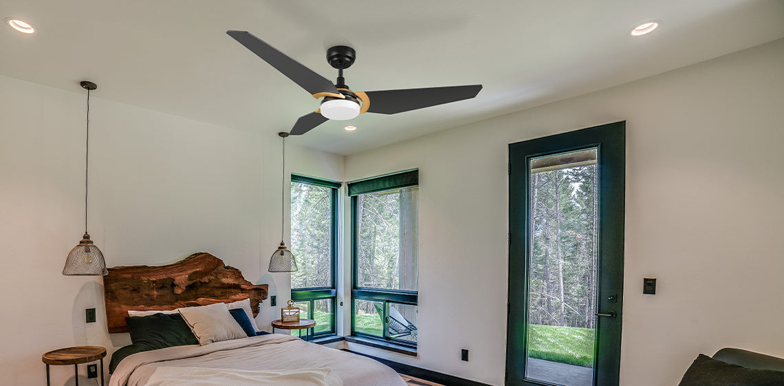 Trailblazer outdoor smart ceiling fan with LED light and remote 56 inch in modern bedroom