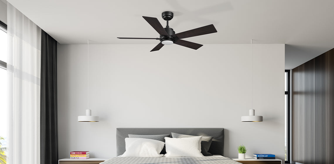 aspen 52 inch smart black ceiling fan with LED light and remote in 15' x 15' bedroom