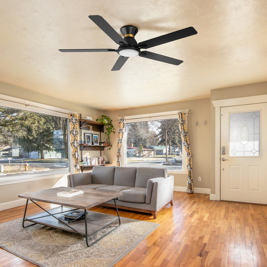 This Essex 52'' smart ceiling fan keeps your space cool, bright, and stylish. It is a soft modern masterpiece perfect for your large indoor living spaces. This Wifi smart ceiling fan is a simplicity designing with Black finish, use elegant Plywood blades and has an integrated 4000K LED cool light. The fan features Remote control, Wi-Fi apps, Siri Shortcut and Voice control technology (compatible with Amazon Alexa and Google Home Assistant ) to set fan preferences.#color_Black