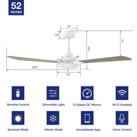 This Veter Wifi smart ceiling fan is a simplicity designing with White finish, use elegant Plywood blades, Glass shade and has an integrated 4000K LED daylight. The fan features Remote control, Wi-Fi apps, Siri Shortcut and Voice control technology (compatible with Amazon Alexa and Google Home Assistant ) to set fan preferences.
