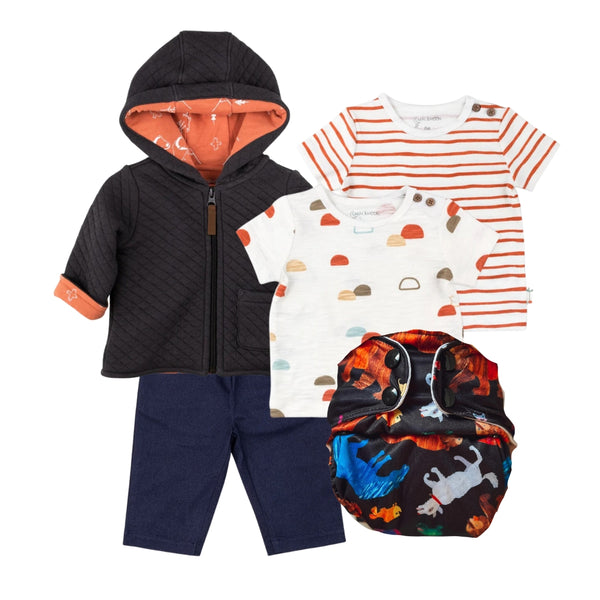 Curated cloth diaper outfit using an orange and black color scheme. 