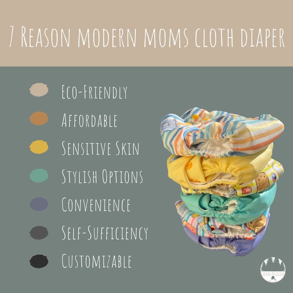 Reads: "7 Reasons Modern Moms Cloth Diaper: Eco-Friendly, Affordable, Sensitive Skin, Stylish Options, Convenience, Self-Sufficiency, Customizable."
