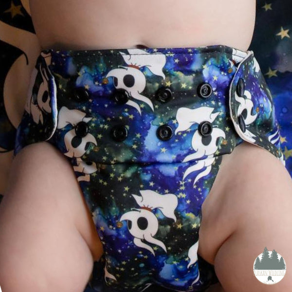 Close up of Alaskan Wildlings cloth diaper on a baby. 