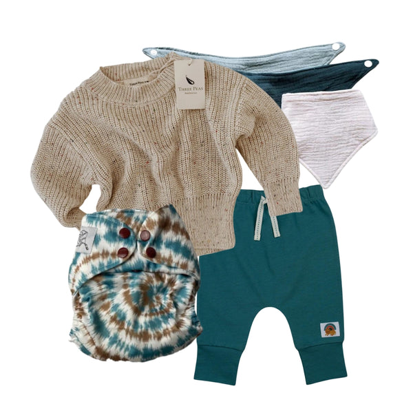 Curated cloth diaper outfit using a brown and green color scheme