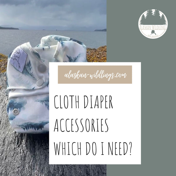 Reads "alaskan-wildlings.com Cloth Diaper Accessories - Which Do I Need?" of a photo of a pocket diaper on a table overlooking the ocean. 