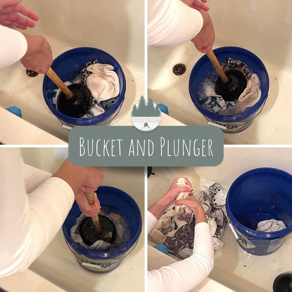 Woman using a bucket and plunger to wash cloth diapers. 