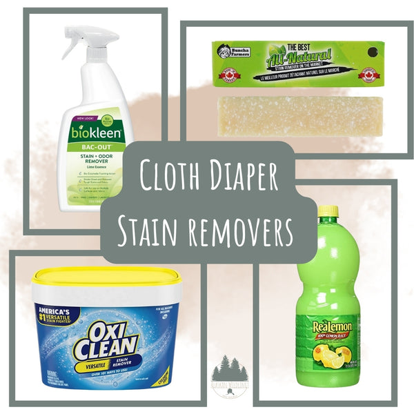 Text says "Cloth Diaper Stain Removers." Bac-Out, Buncha Farmers, OxiClean, and Lemon Juice