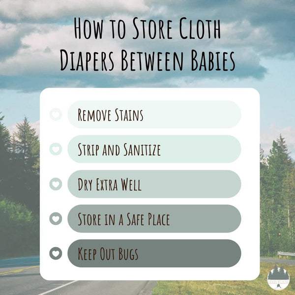 How to Store Cloth Diapers Between Babies: Remove Stains, Strip and Sanitize, Dry Extra Well, Store in a Safe Place, Keep Out Bugs.