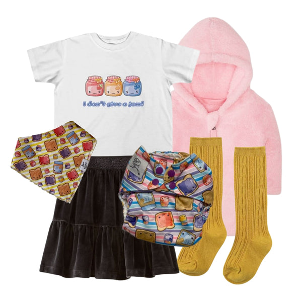 Peanut butter and jelly themed curated cloth diaper outfit