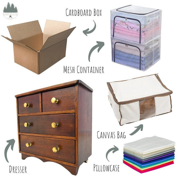 Images of a cardboard box, dresser, mesh container, canvas bag, and pillowcase. 