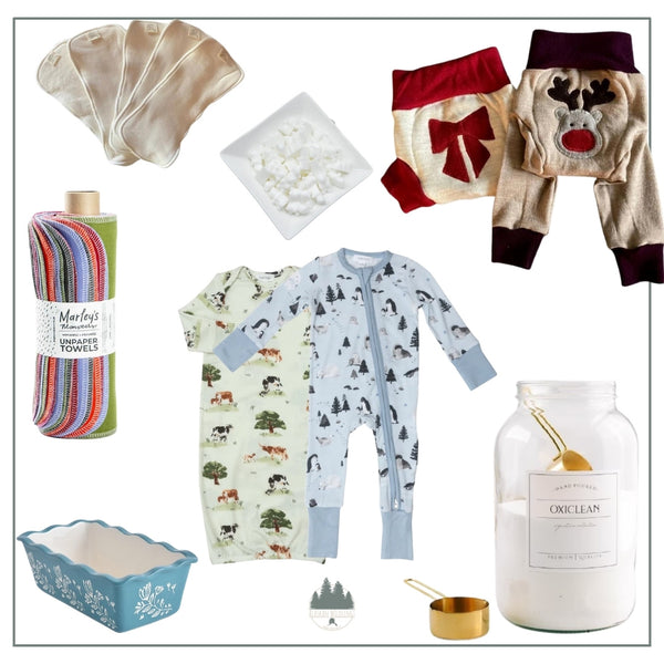 Collage of cloth diaper mom gifts including inserts, wipe bits, wool pants, paper towel alternatives, pjs, laundry detergent jars, and wipes container