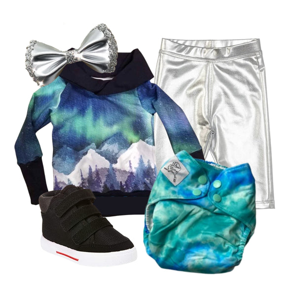 Cloth diaper outfit with a Northern Lights theme. 